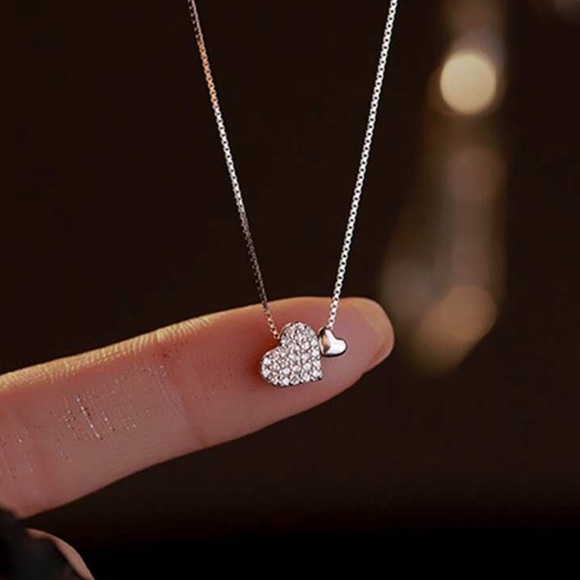 925 Sterling Silver Double Heart Pendent Necklace With Zirconia - Picture 6 of 12